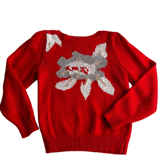 Vtg Lilly Of California Red Sweater Big Flower Gems Embellished Fringe Size M - Picture 1 of 10